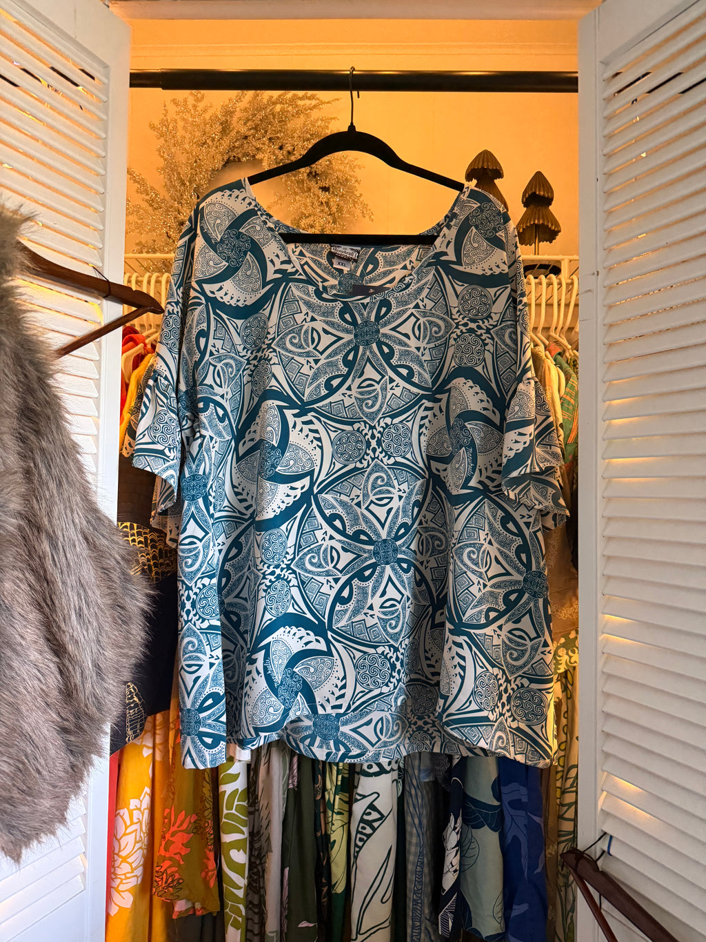 2XL Manuheali'i Blue Polynesian Print Top